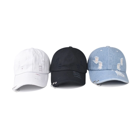 Cappello Da Baseball Denim Lavato Distressed Con Anelli In Metallo Buco Strappato Streetwear Hip Hop Regolabile Unisex