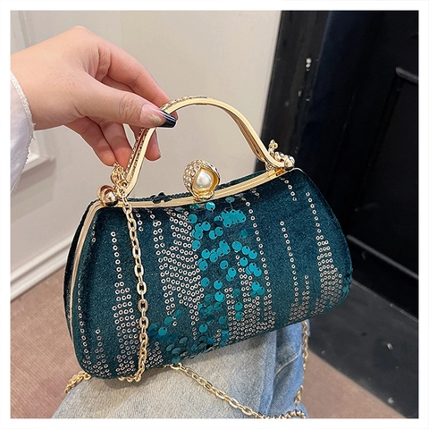 Elegante Pailletten Abendtasche Mit Metallgriff Und Künstliche Perlenverschluss Samt Party Handtasche Für Damen Kettengurt