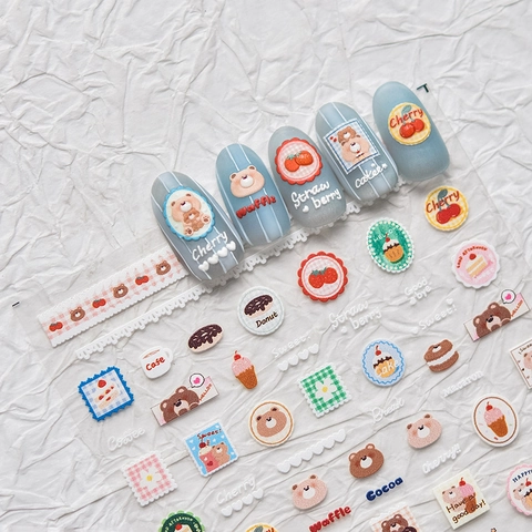 Nail Art Stickers Ultra Thin Embossed Cartoon Dog Bear Dessert Pattern Kawaii Manicure Decals For DIY Decoration