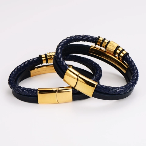 Mehrreihiges Geflochtenes Lederarmband Für Herren Marineblau Gold Edelstahl Magnetverschluss Modeschmuck