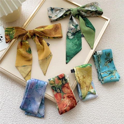 Sciarpa Stretta Twilly Con Stampa Pittura A Olio Van Gogh Per Borse Accessori Per Capelli Nastro In Poliestere Raso