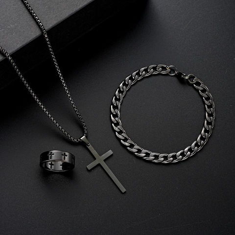 Collana Con Ciondolo A Croce Bracciale A Catena Cubana E Anello In Acciaio Inossidabile Da Uomo Stile Hip Hop Punk