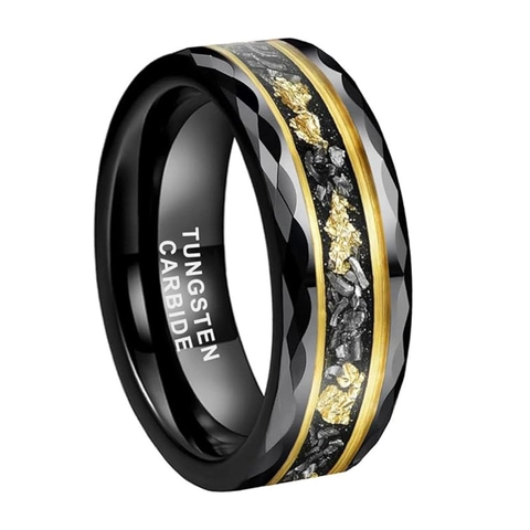 Men's Tungsten Steel Ring Faceted Prism Cut With Gold Foil Crushed Stone Inlay High Quality Fashion Jewelry Wedding Band