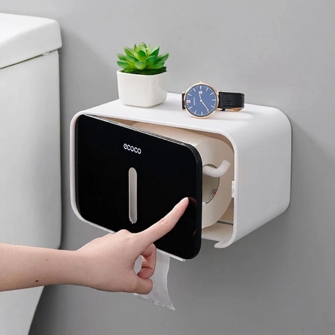 Wall Mounted Tissue Box Plastic Waterproof Punch Free Toilet Paper Holder With Top Storage Shelf For Bathroom