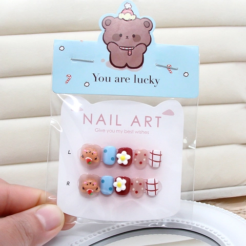 Press On Nails Cartoon Bear Flower Plaid Polka Dot Short Square Glossy ABS False Nail Tips For Kids Women