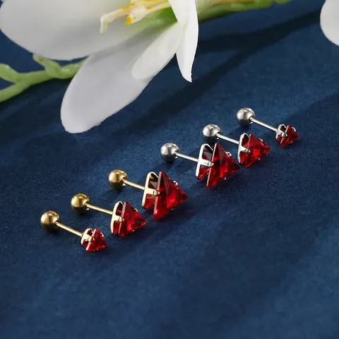 Triangle Stud Earrings Stainless Steel Artificial Gemstone Screw Ball Back Minimalist Geometric Piercing Jewelry For Women