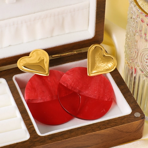 Heart Drop Earrings Stainless Steel 18K Gold Plated Red Resin Round Pendant Retro Exaggerated Statement Women Jewelry