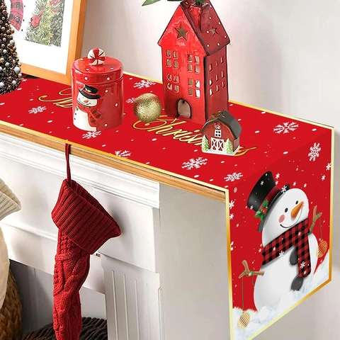 Camino De Mesa Navideño Rojo Poliéster Diseño Muñeco De Nieve Copos De Nieve Feliz Navidad Decoración Mesa Fiesta