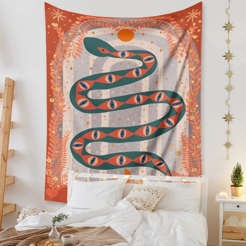 Arazzo Mistico Bohémien Con Serpente Poliestere Decorazione Parete Sole Luna Stella Estetica Retrò Camera