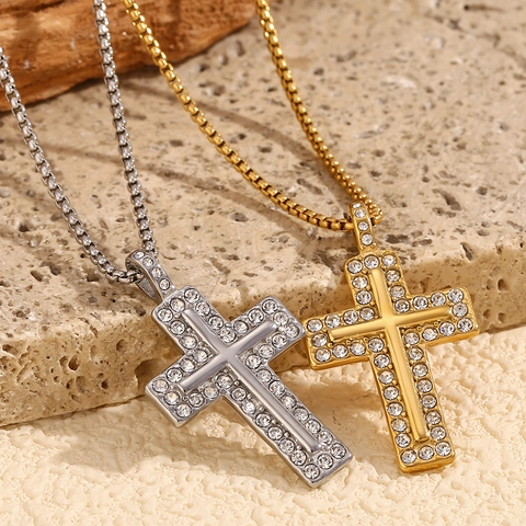 Collana Con Ciondolo A Croce Con Strass In Acciaio Inossidabile Placcato Oro 18K Catena A Scatola Gioielli Per Donna