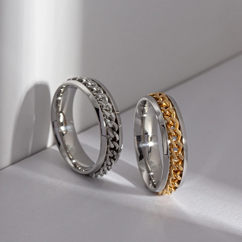 Anello Rotante in Acciaio al Titanio Design Maglia Cubana Stile Industriale per Uomo Donna Gioielli Accessorio