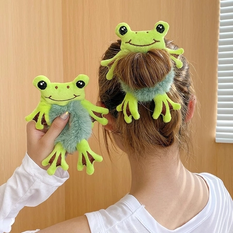 Cute Green Frog Plush Scrunchie Elastic Soft Hair Tie Funny Animal Headwear Accessory For Women Girls Ponytail Holder