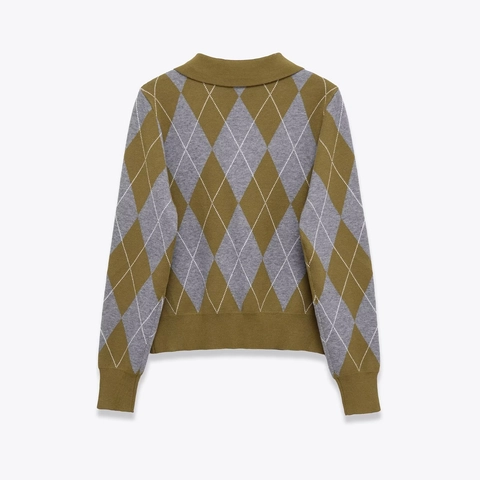 Maglione In Maglia Argyle Da Donna Collo Polo Maniche Lunghe Stile Vintage Preppy Abbigliamento Autunno Inverno