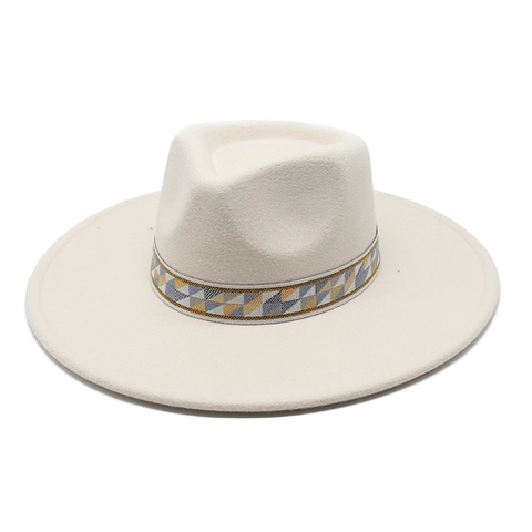 Wide Brim Fedora Hat Vintage Jazz Cap Cotton Polyester Blend With Geometric Tribal Band For Outdoor Travel Fashion Unisex
