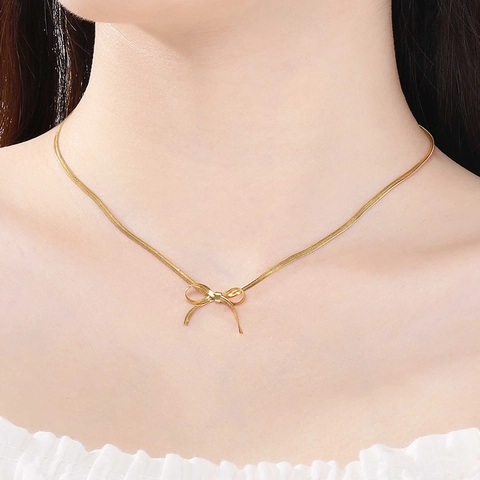 Bowknot Pendant Necklace Stainless Steel 18K Gold Plated Blade Snake Chain Elegant Jewelry For Women