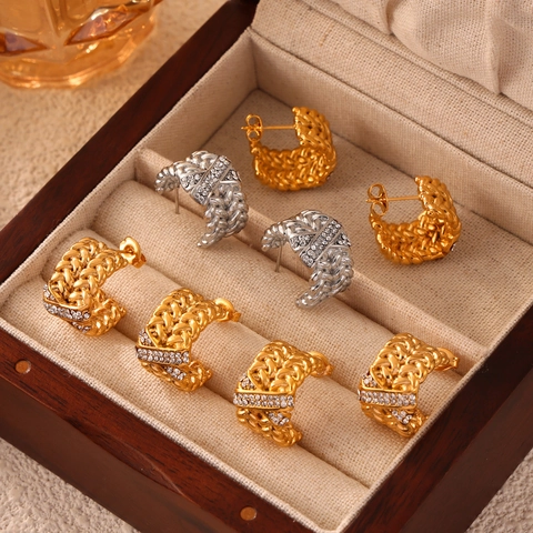 Pendientes de Aro Minimalistas de Acero de Titanio Trenzados en Forma de C Pendientes Chapados en Oro con Strass Geométricos Joyería Regalo Mujer