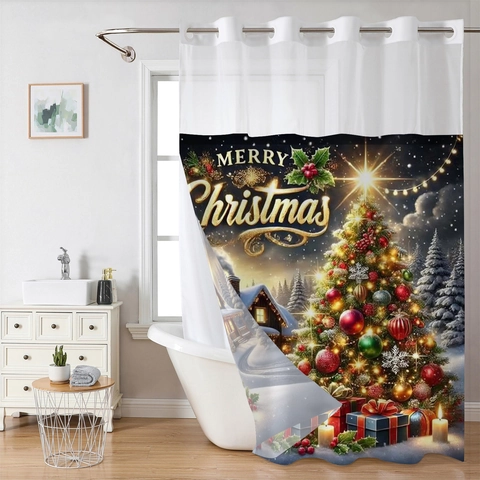 Christmas Shower Curtain Waterproof Dual Layer Waffle Texture Replaceable Liner Snowy Night Tree Print Grommet Magnets