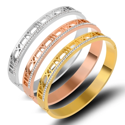 Stainless Steel Rhinestone Bangle Bracelet Hollow Roman Numerals Side Set Zirconia Fashion Elegant Trendy For Women
