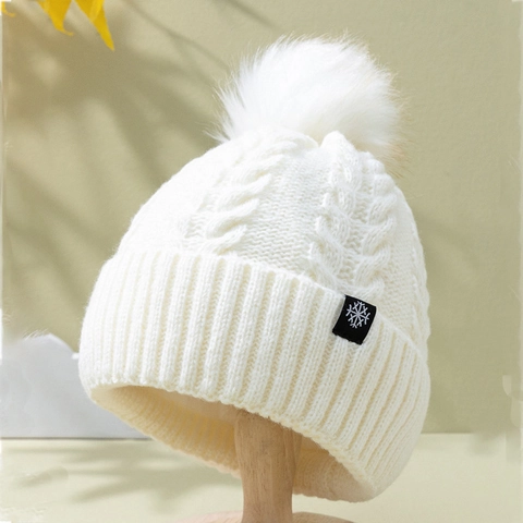 Gorro De Punto De Invierno Con Pompon De Piel Sintetica Forro Polar Calido Parche De Copo De Nieve Acrilico