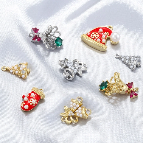 Weihnachtsanhänger Messing Emaille Kunstperle Strass Für Feiertagsschmuck DIY Festliche Glocke Baum Hut Form