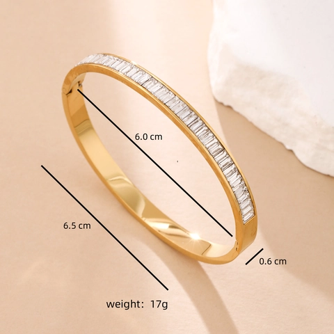 Baguette Cubic Zirconia Bangle Stainless Steel Gold Plated Hinged Bracelet Women Vintage Geometric Jewelry