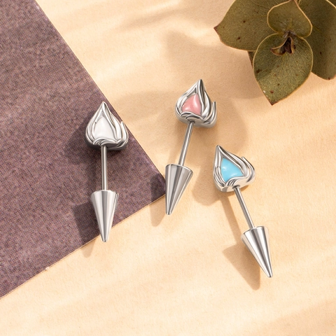 Kitten Ear Cartilage Piercing Stud Titanium Steel Enamel Flame Heart Helix Earring Screw Back Sharp Cone Barbell Niche