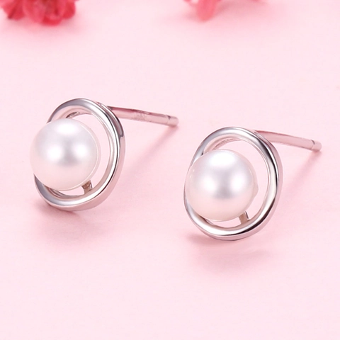 Boucles d'Oreilles Clous en Perle d'Eau Douce Argent Sterling 925 pour Femme Rondes Creuses Géométriques Plaquées Or Argent Bijoux