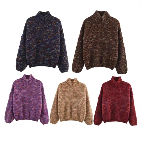 Women Knit Sweater Mock Neck Space Dye Marl Oversized Pullover Drop Shoulder Thick Casual Long Sleeve Jumper