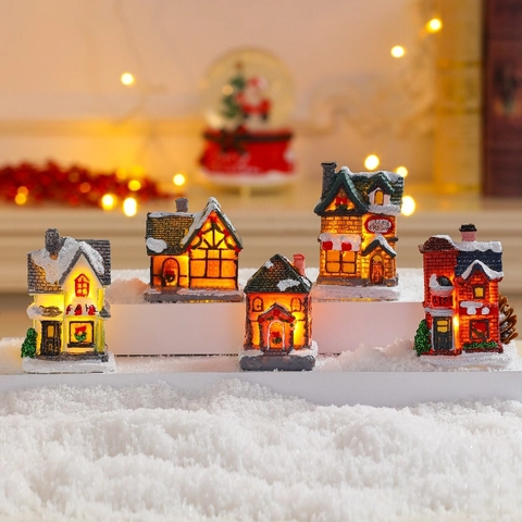 Christmas Miniature House Ornament Resin LED Luminous Snow Village Desktop Decoration Festive Gift Novelty European Style