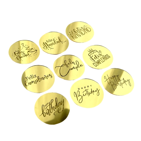 Round Cake Toppers Mirror Gold Acrylic Spanish Feliz Navidad Feliz Cumpleaños Happy Birthday Christmas Party Elegant Decor