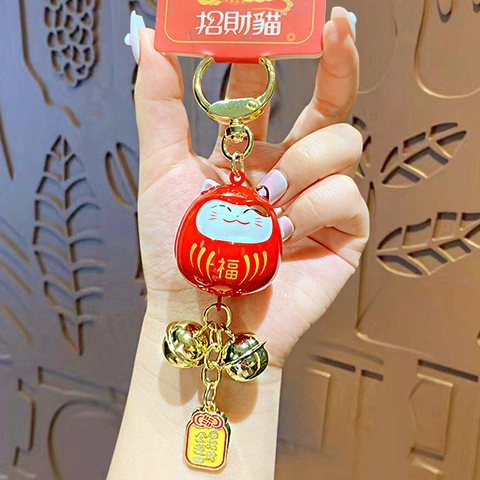 Gelukskat Daruma Bel Sleutelhanger Metaal Zegen Hanger Cartoon Schattig Tas Bedeltje Voor Vrouwen Meisjes