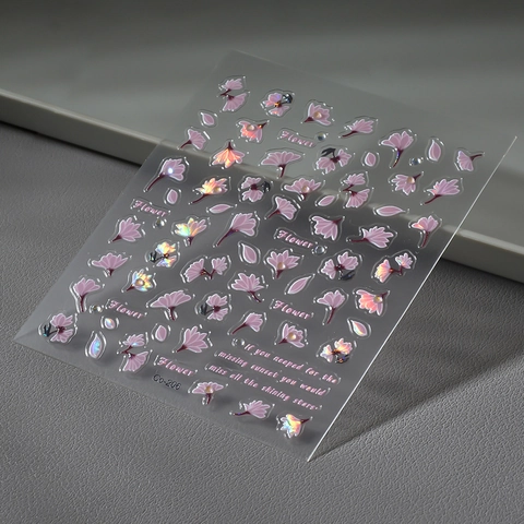 Pink Cherry Blossom 5D Embossed Nail Art Stickers Sakura Flower Laser Holographic DIY Manicure Decals Waterproof