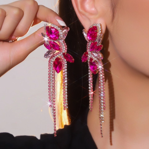 Elegante Schleife Glas Strass Lange Quaste Ohrringe Mit 925 Sterling Silber Ohrstecker-Stift Für Damen Luxuriöse Funkelnde Hängeohrringe