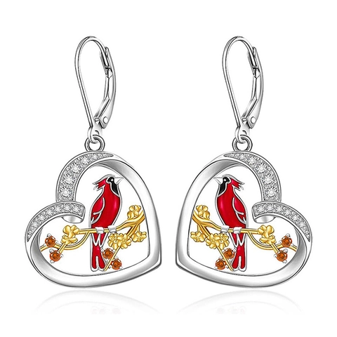 Heart Drop Earrings Copper Red Enamel Cardinal Bird Golden Branch White Zircon Vintage Nature Style Women Gift