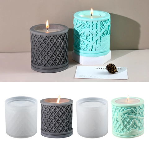 Silicone Mold For DIY Candle Making Bamboo And Rhombus Grid Pattern Aromatherapy Plaster Pen Holder Cylinder Embossed Design