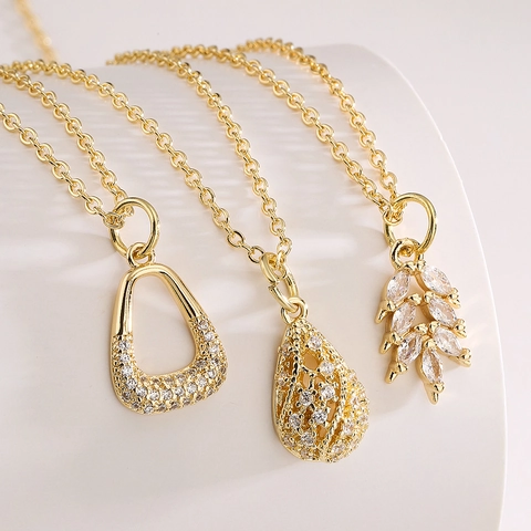 Collar Con Colgante Geométrico Elegante De Cobre Chapado En Oro Con Circonita Forma De Gota De Agua Y Hoja Para Mujeres
