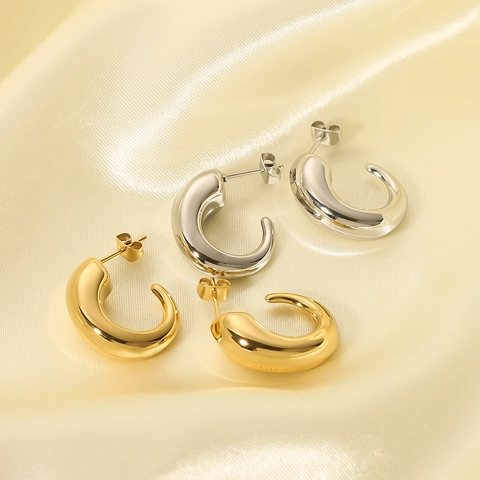 Chunky C Shaped Hoop Earrings For Women 18K Gold Plated Stainless Steel Geometric Hollow Minimalist Jewelry
