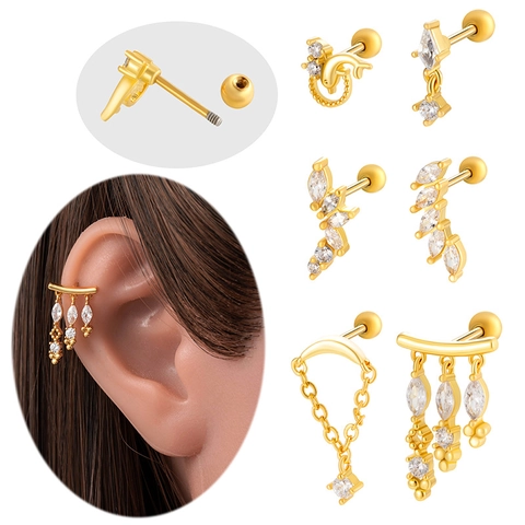 Ear Cartilage Studs Stainless Steel Screw Back Copper Zircon Geometric Pendant Body Piercing Jewelry For Women Fashion