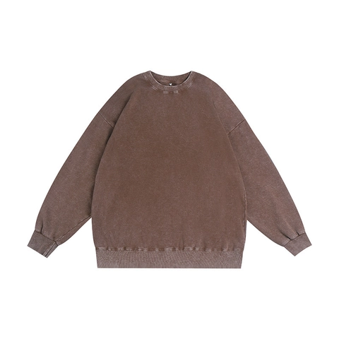 Men Sweatshirt Vintage Acid Wash Distressed Round Neck Drop Shoulder Cotton French Terry Oversized Streetwear
