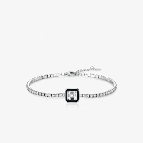 Geometrisches Quadrat Tennis Armband 925 Sterlingsilber Zirkon Schwarz Emaille Verstellbar Elegant Schicker Schmuck Für Damen