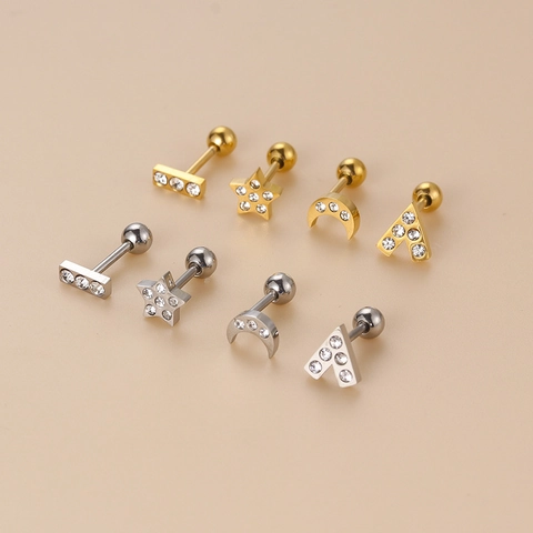Ear Cartilage Stud Piercing Jewelry Stainless Steel Zircon Star Moon Heart Bar Shape Screw Ball Back For Women