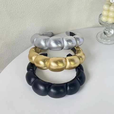 Diadema Nube Acolchada Cuero PU Metálico Banda Pelo Ancha Mujeres Maquillaje Moda Lavado Cara Accesorio Trendy