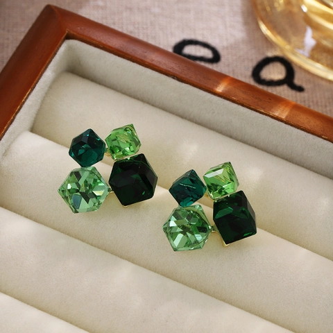 Geometric Cube Stud Earrings With Crystal Glass And Silver Earring Post Aurora Polar Light Luxury Jewelry For Women