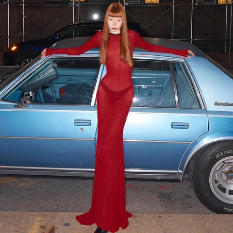 Women Sexy Mesh See Through Long Sleeve Maxi Dress Backless Lace Up Bodycon Floor Length Solid Color Banquet Evening