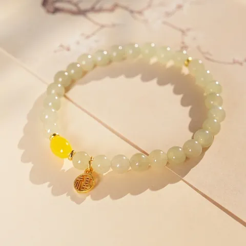 Natural Hetian Jade Beaded Bracelet With Copper Fu Pendant And Beeswax Agate Retro Chinese Style Jewelry For Women
