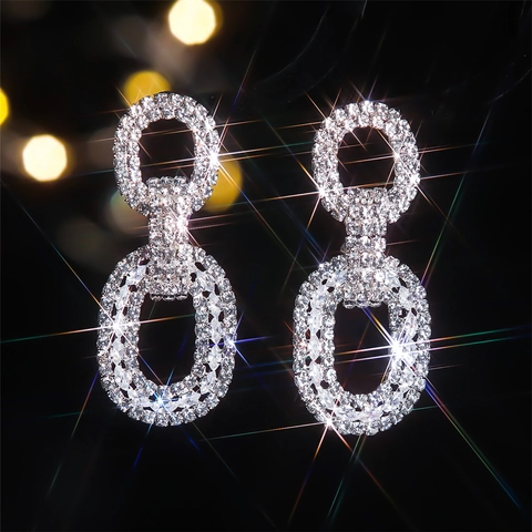 Luxurious Copper Rhinestone Geometric Chain Drop Earrings For Women Fashion Sparkling Dangle Earrings With Stainless Steel Post