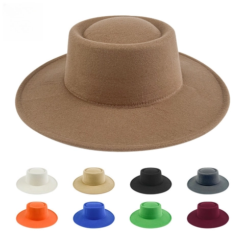 Flat Top Boater Hat Vintage Wide Brim Cotton Polyester Felt Fedora Jazz Style For Men Women Solid Color Retro