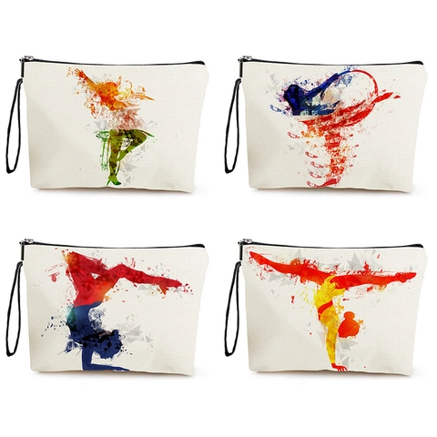 Cosmetic Makeup Bag Linen Portable Zipper Pouch Abstract Gymnastics Dance Print Toiletry Organizer With Wristlet