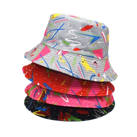 Retro Geometric Print Bucket Hat For Men And Women Polyester Wide Brim Sun Protection Foldable Graffiti Pattern Pop Art Style