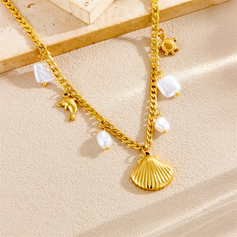 Stainless Steel Gold Plated Ocean Theme Pendant Necklace Shell Dolphin Turtle Irregular Artificial Baroque Pearls Women Beach Style